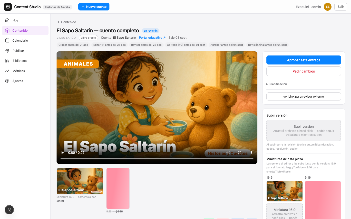 A piece's detail view: stage deadlines, video review with approve and request-changes, automatic technical QC on upload, 16:9 and 9:16 thumbnails, external reviewer link
