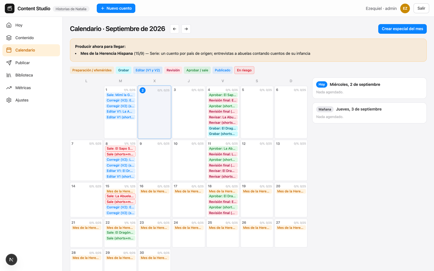 Content calendar with commemorative dates and backwards-computed stage deadlines