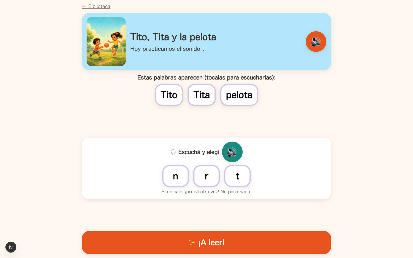 Story preparation screen: target phoneme, support words and a listening activity