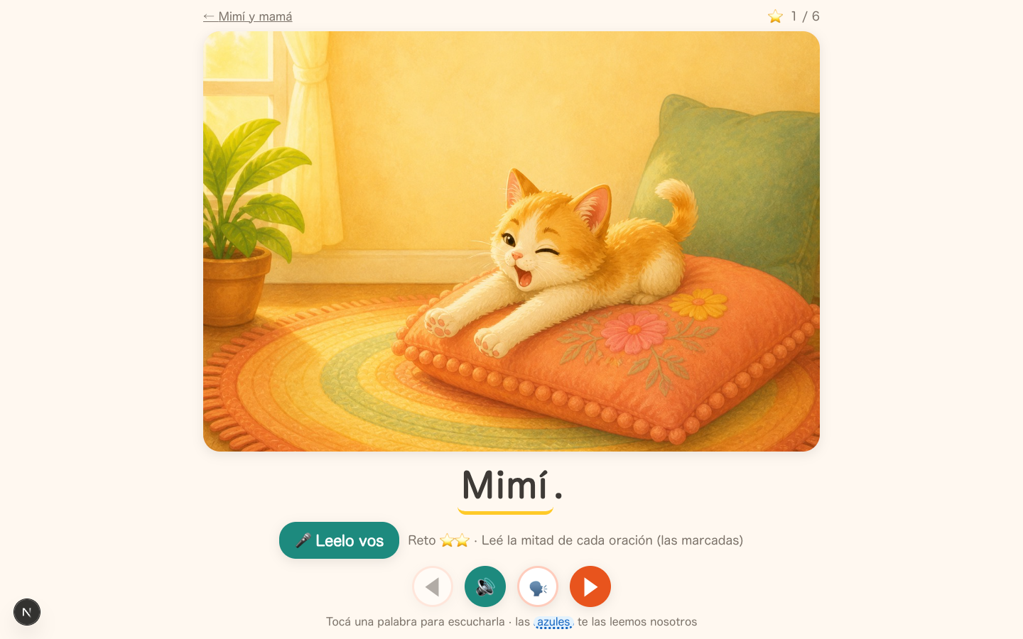Story reader: full-page illustration of a kitten, the word Mimí highlighted, Leelo vos microphone button and reread challenge